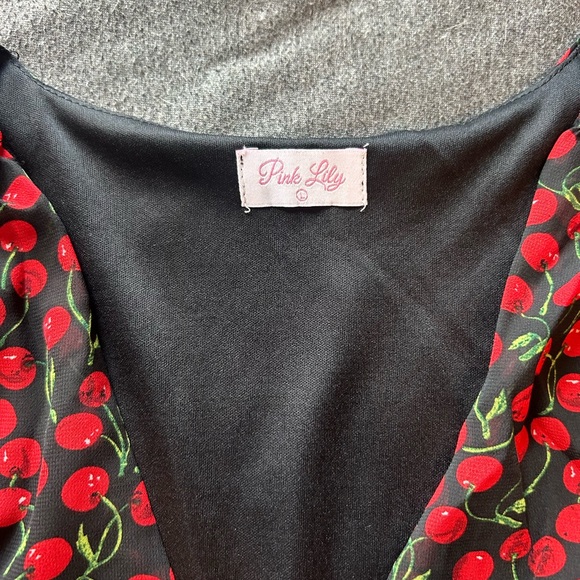 Pink Lily Black Mini Dress with Red Cherry Print - Picture 2 of 5